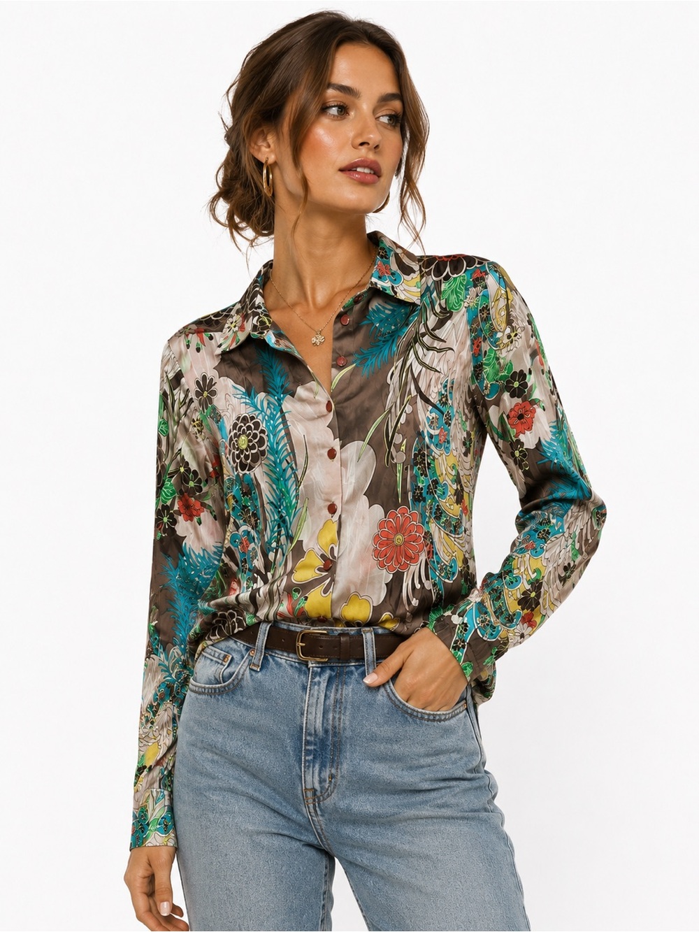 Chameleon Italy Floral Button Up Blouse Size 88 Boho Y2K Statement Top
